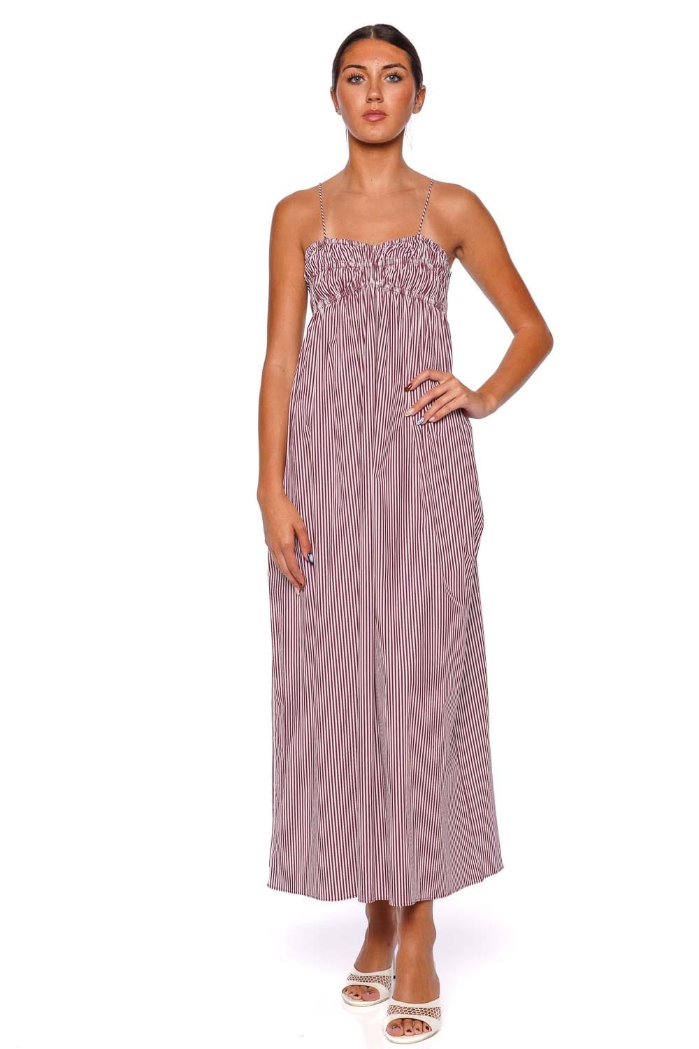 Faithfull The Brand Birgit Burgundy Stripe Maxi Dress with Spaghetti Straps