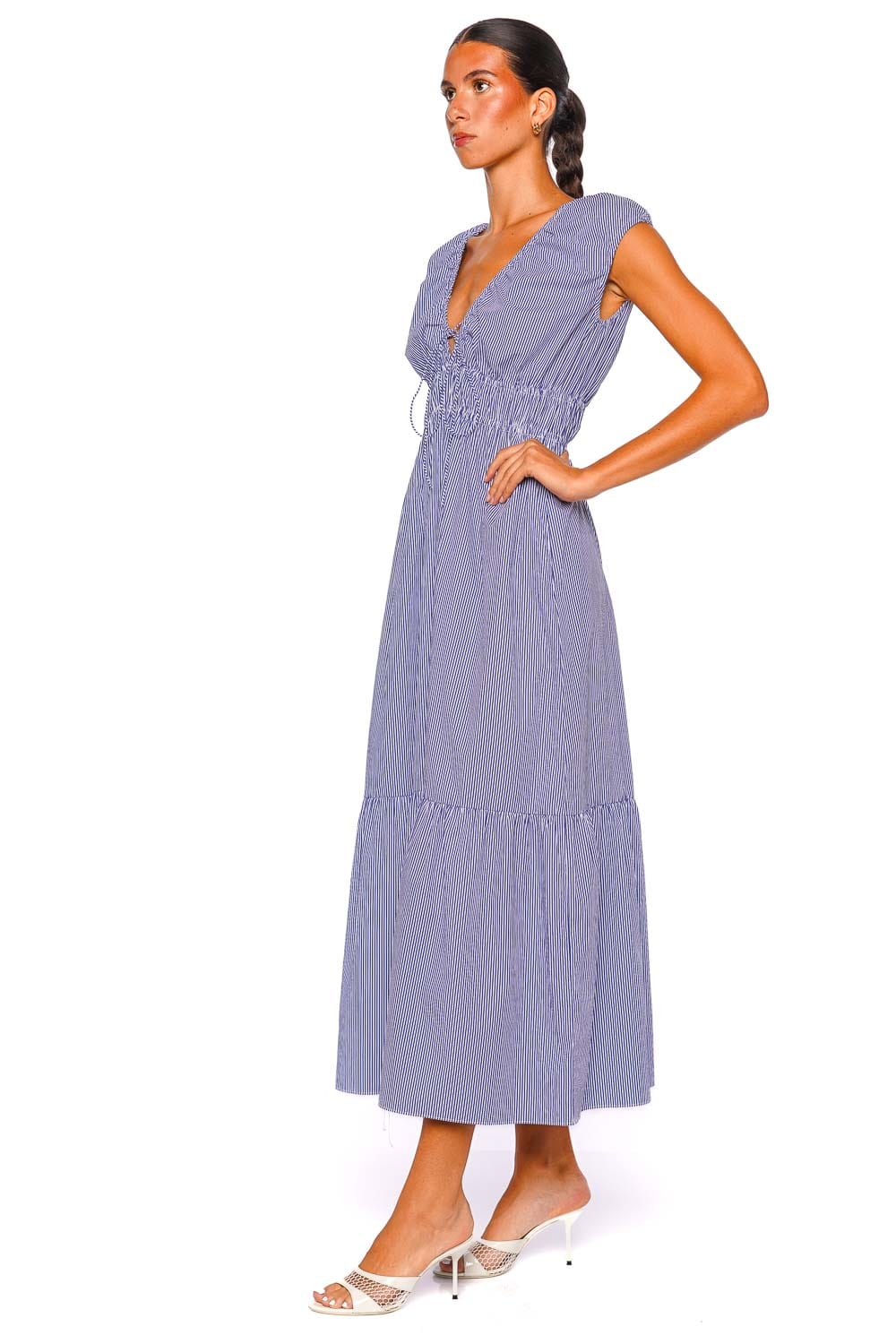 Faithfull The Brand Hedda Navy Stripe Gathered Cotton Midi Dress