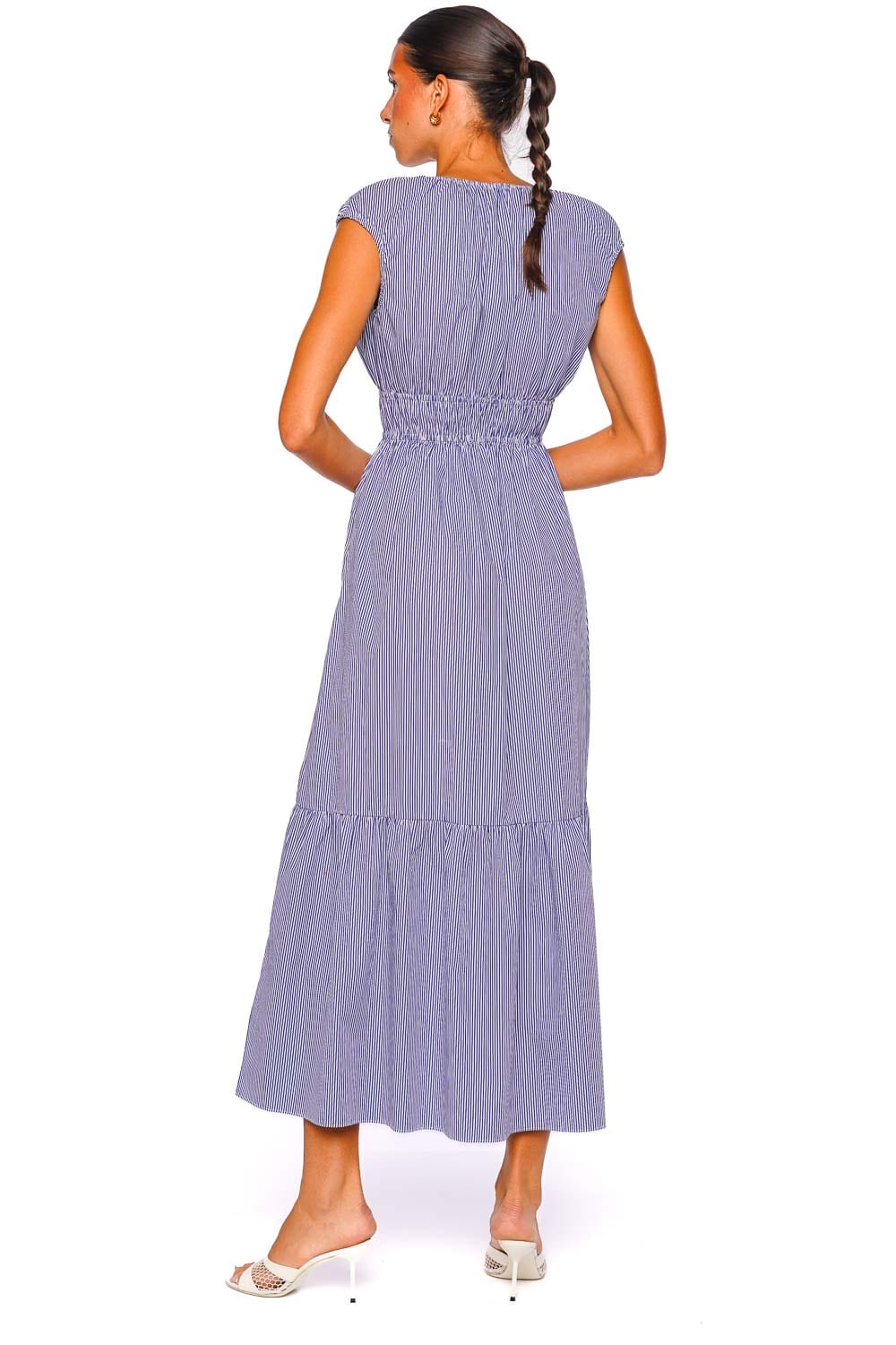 Faithfull The Brand Hedda Navy Stripe Gathered Cotton Midi Dress