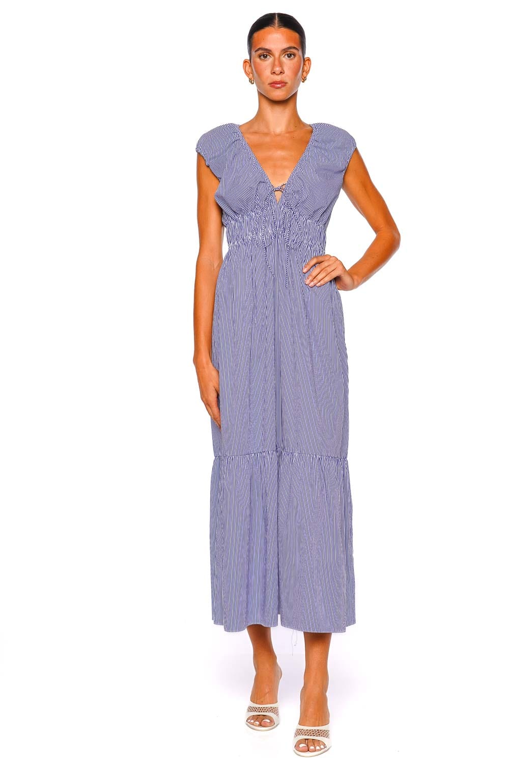 Faithfull The Brand Hedda Navy Stripe Gathered Cotton Midi Dress