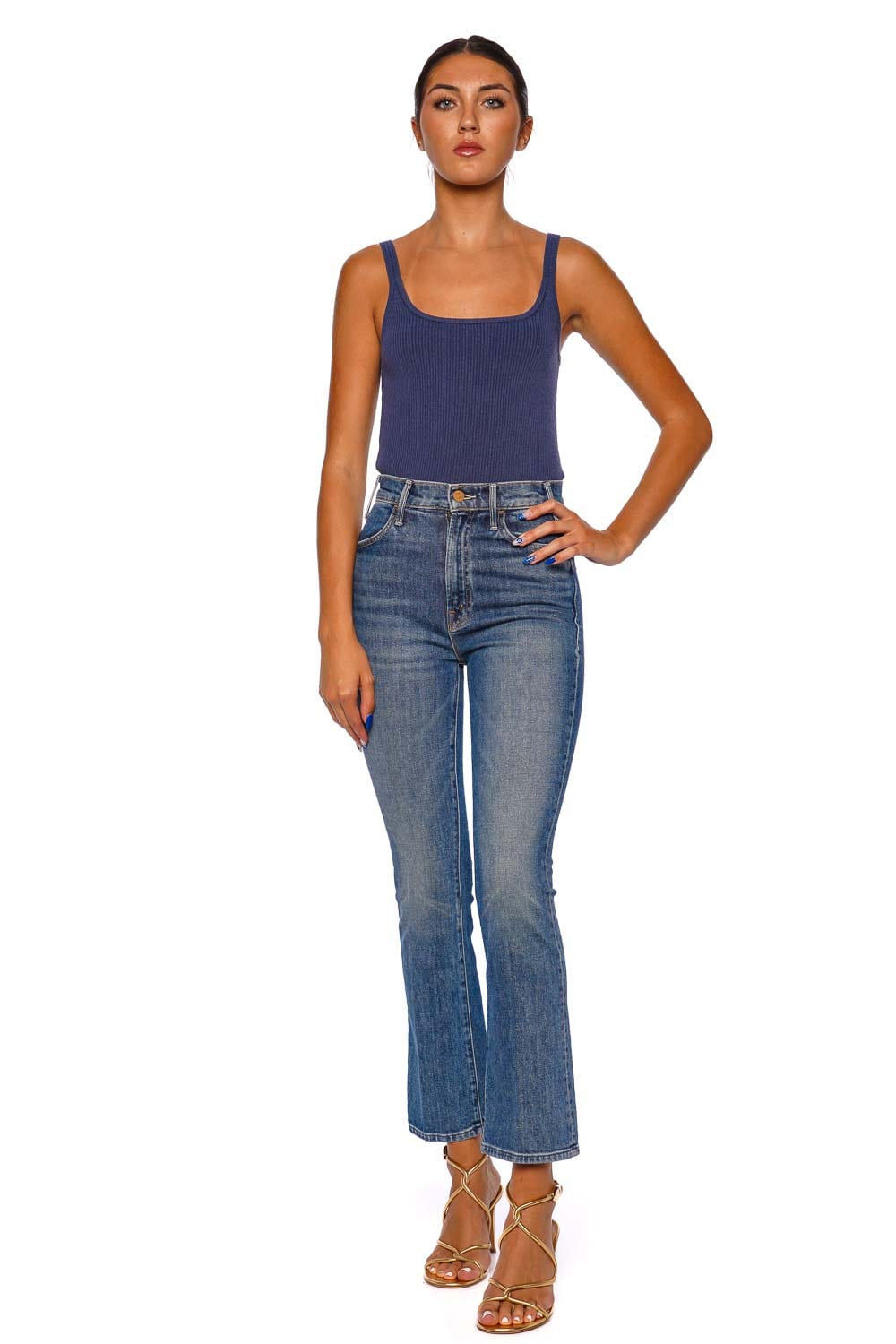 MOTHER Denim The Hustler Ankle Fray Mid Blue Jeans
