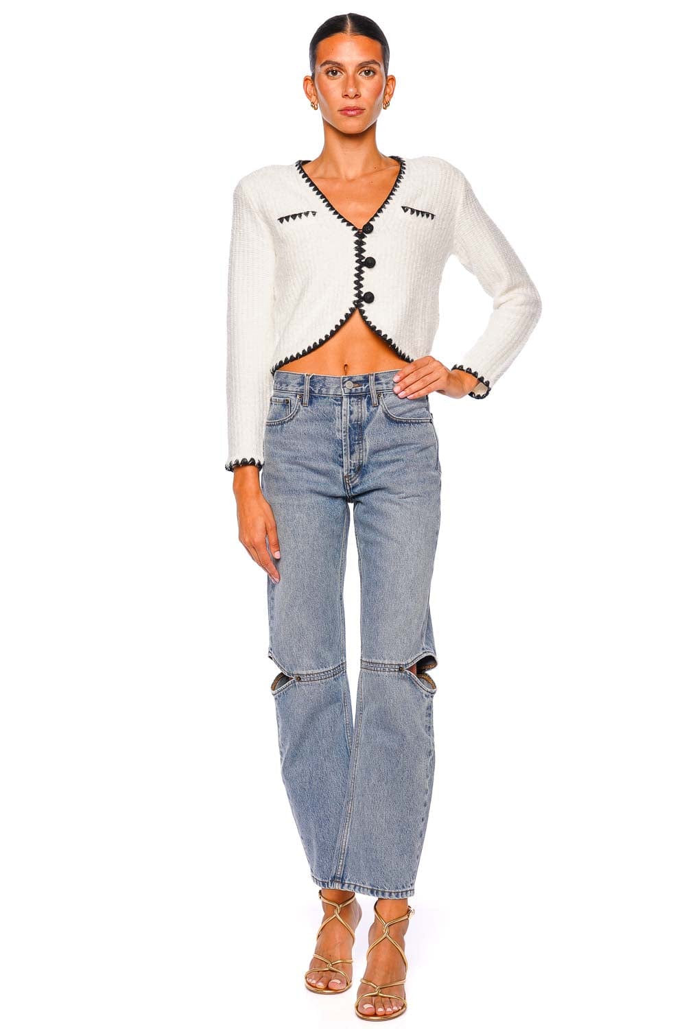 L'AGENCE Anaya Contrast Crochet Cropped Knit Cardigan