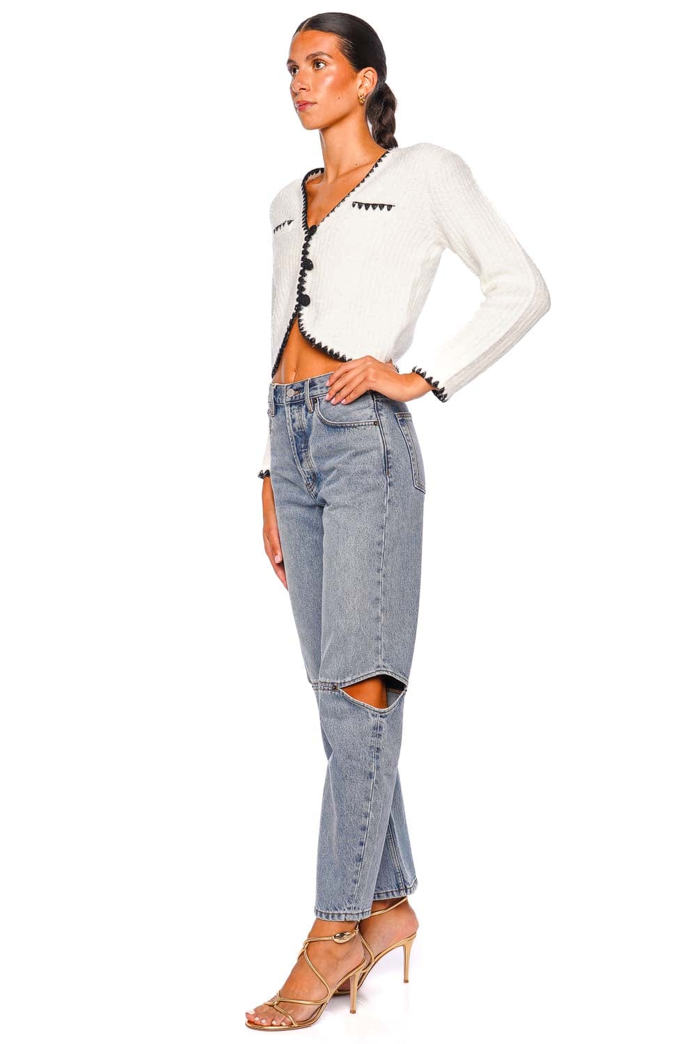 L'AGENCE Anaya Contrast Crochet Cropped Knit Cardigan