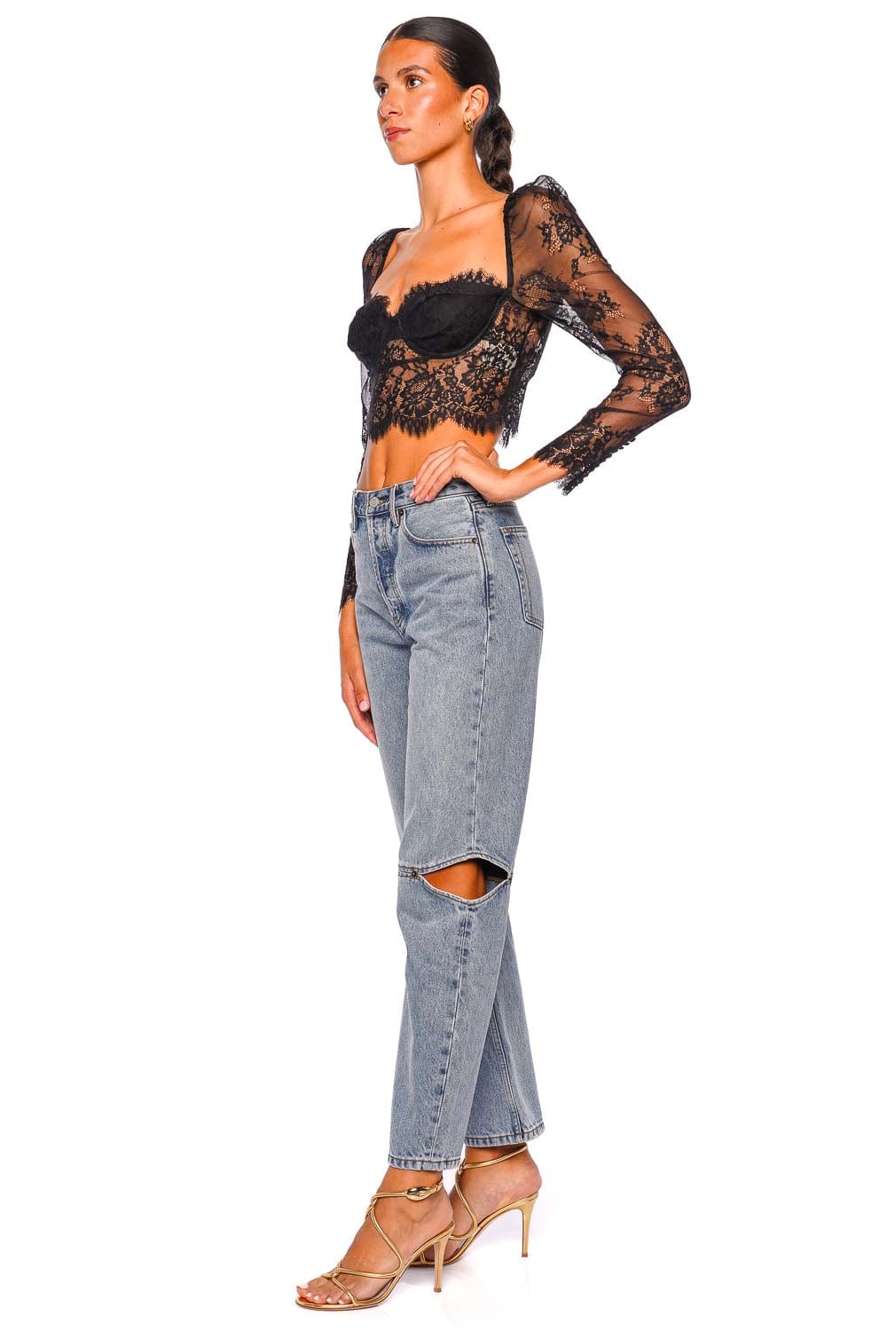 L'AGENCE Lori Black Lace Bustier Crop Top