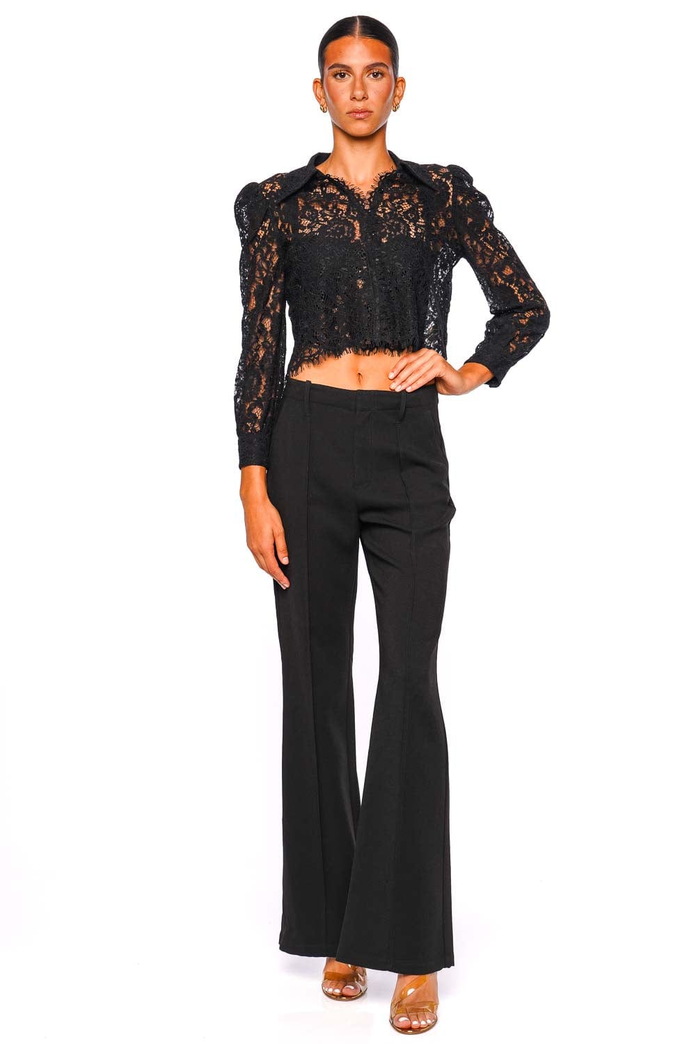 L'AGENCE Anita Black Lace Long Sleeve Cropped Blouse