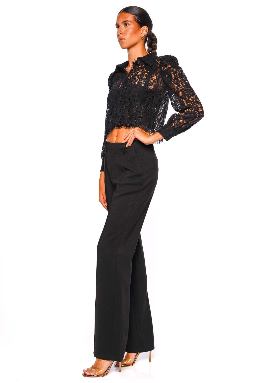 L'AGENCE Anita Black Lace Long Sleeve Cropped Blouse