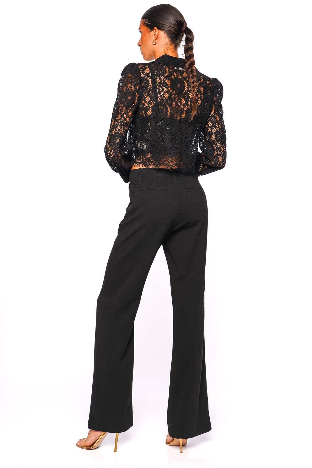 L'AGENCE Anita Black Lace Long Sleeve Cropped Blouse