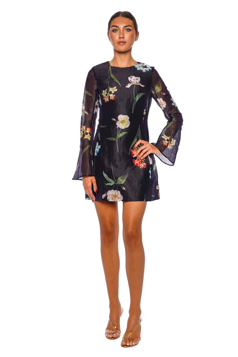 LEO LIN Suzanne Botanical Bell Sleeve Mini Dress Ebony