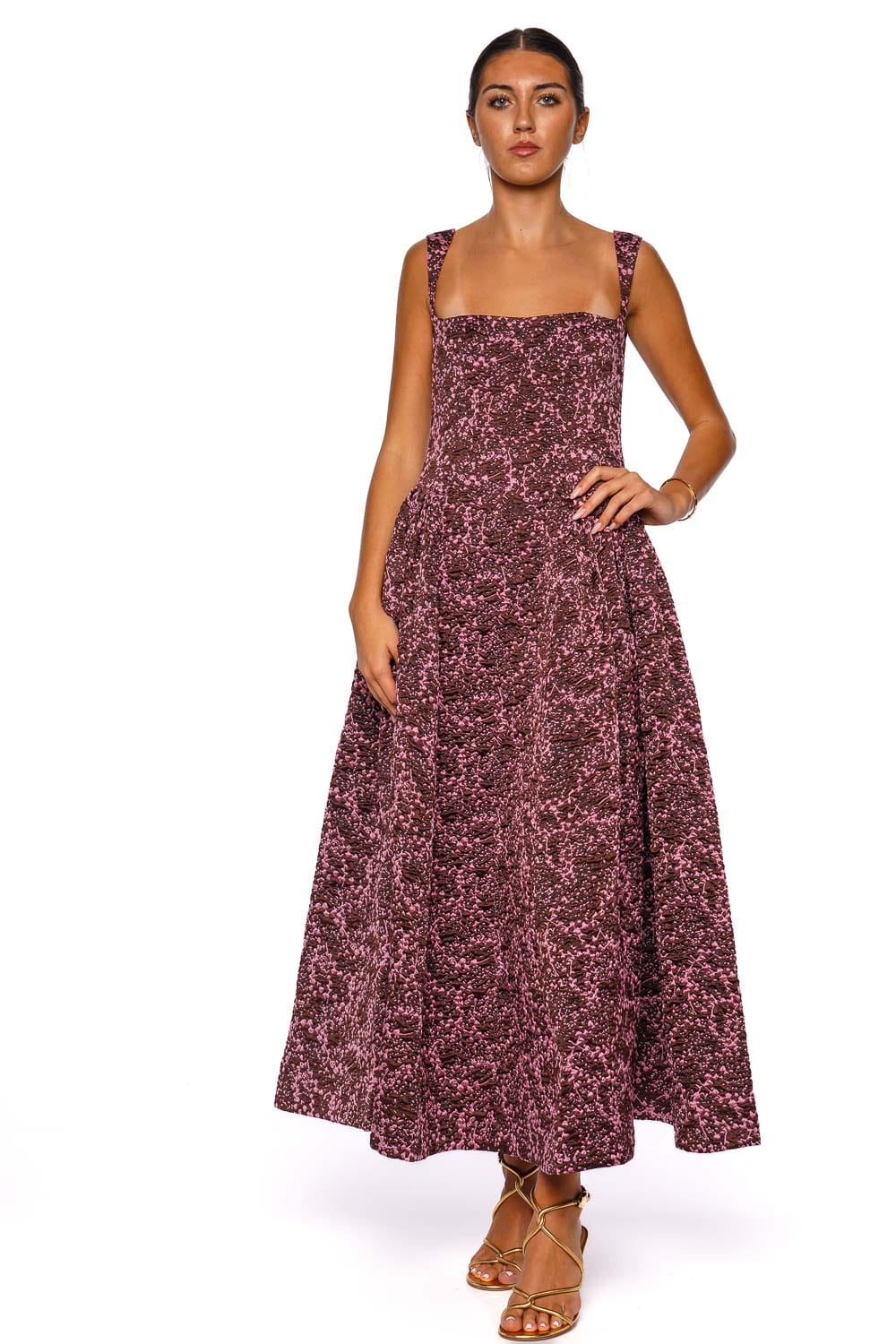 CLEA Sylvie Mulberry Jacquard Square Neck Maxi Dress