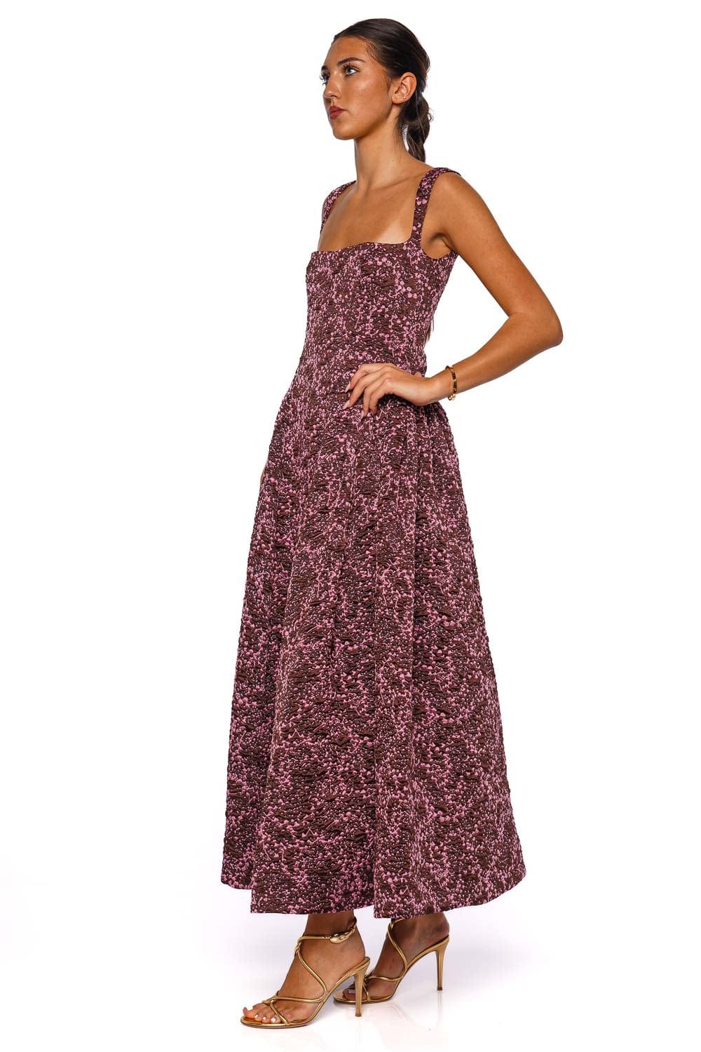 CLEA Sylvie Mulberry Jacquard Square Neck Maxi Dress