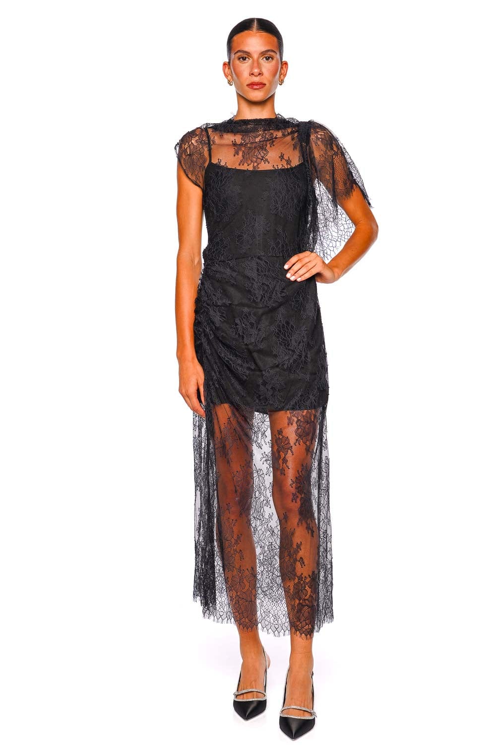 CLEA Sequoia Black Lace Asymmetrical Midi Dress