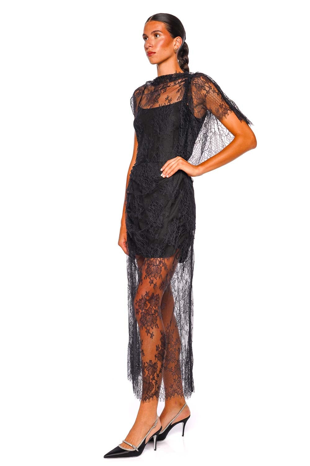 CLEA Sequoia Black Lace Asymmetrical Midi Dress
