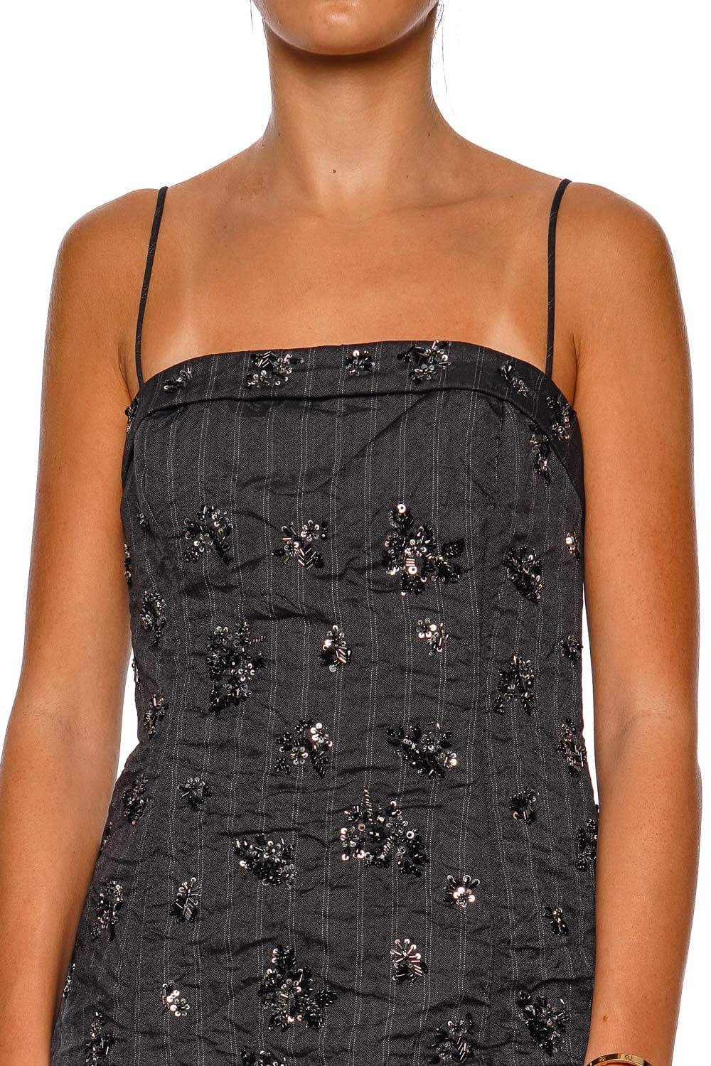 SIMKHAI Anden Charcoal Stripe Embellished Mini Dress