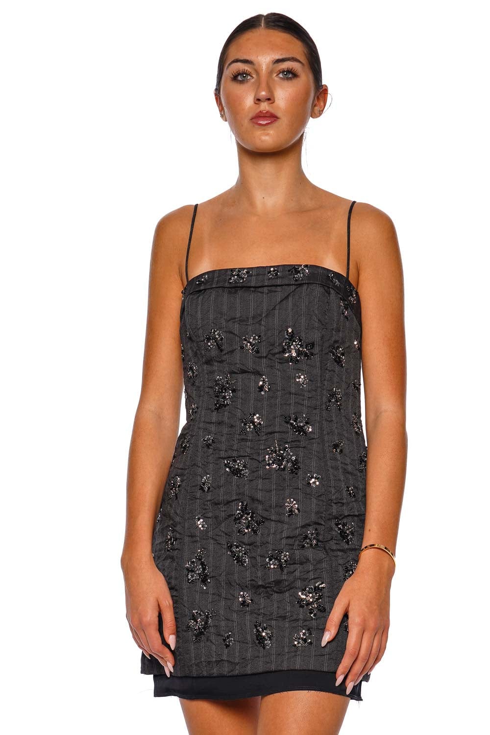 SIMKHAI Anden Charcoal Stripe Embellished Mini Dress