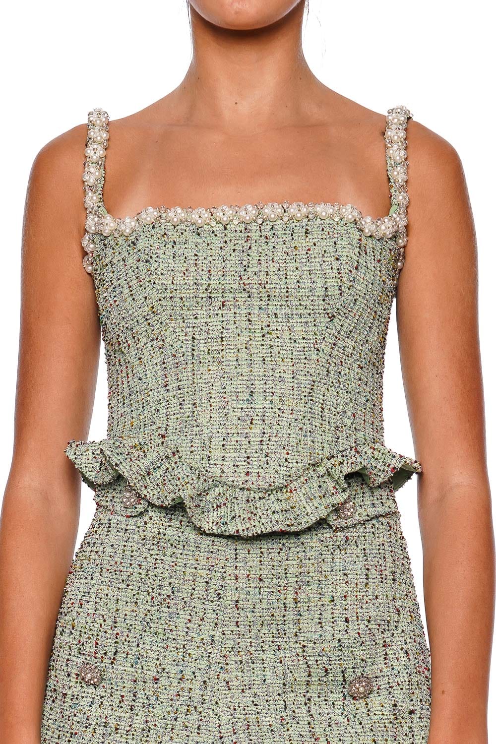 PatBO Crystal Tweed Green Sleeveless Top with Embellished Straps
