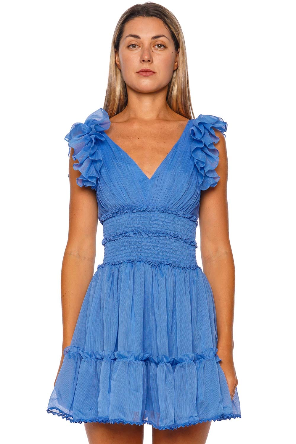 PatBO Chiffon Wonderland Blue Flutter Sleeve Mini Dress