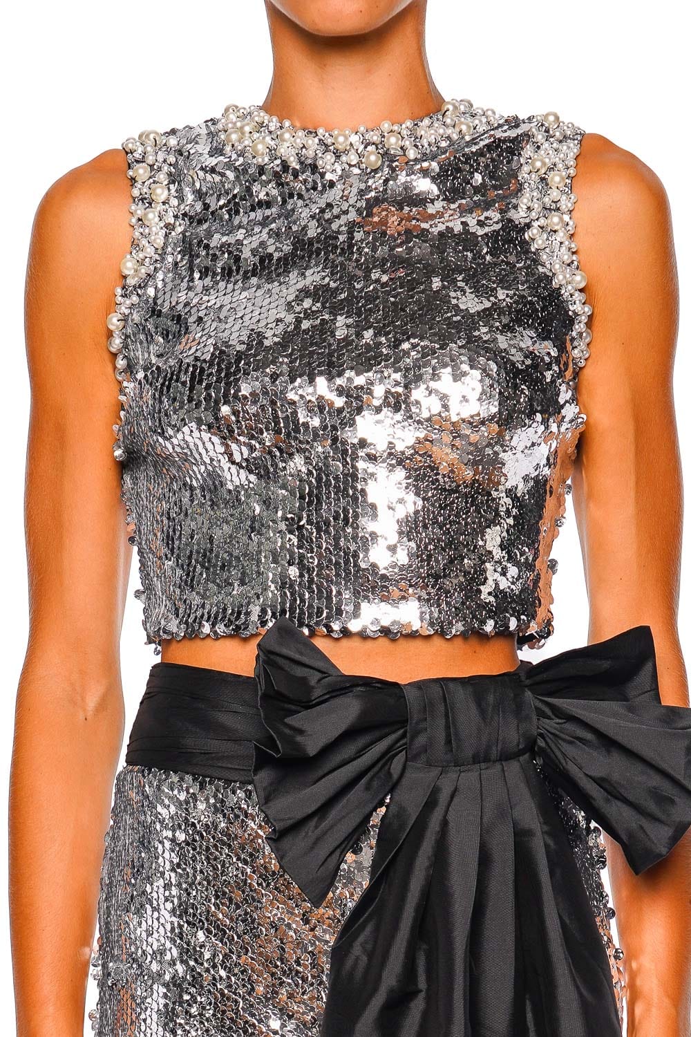 PatBO Moonlight Silver Sequin & Pearl Cropped Top