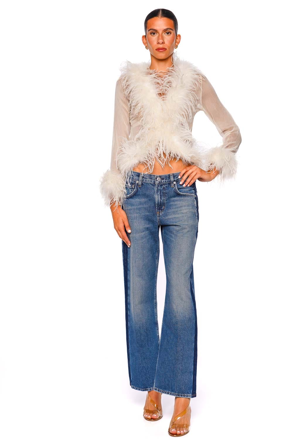 Bubish Gigi Sheer Ivory Feather Trim Blouse