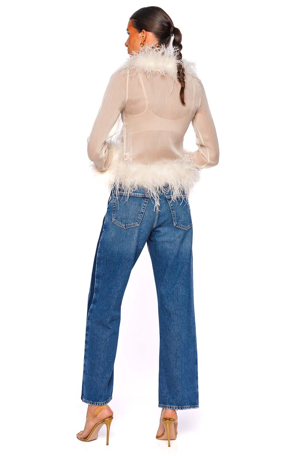 Bubish Gigi Sheer Ivory Feather Trim Blouse