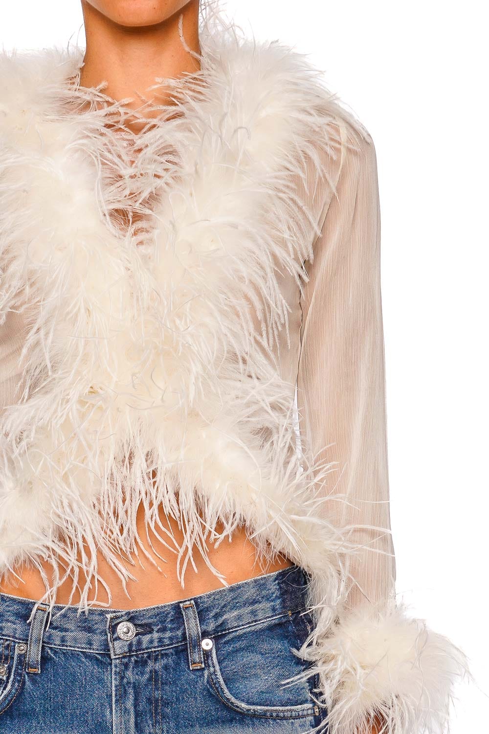 Bubish Gigi Sheer Ivory Feather Trim Blouse