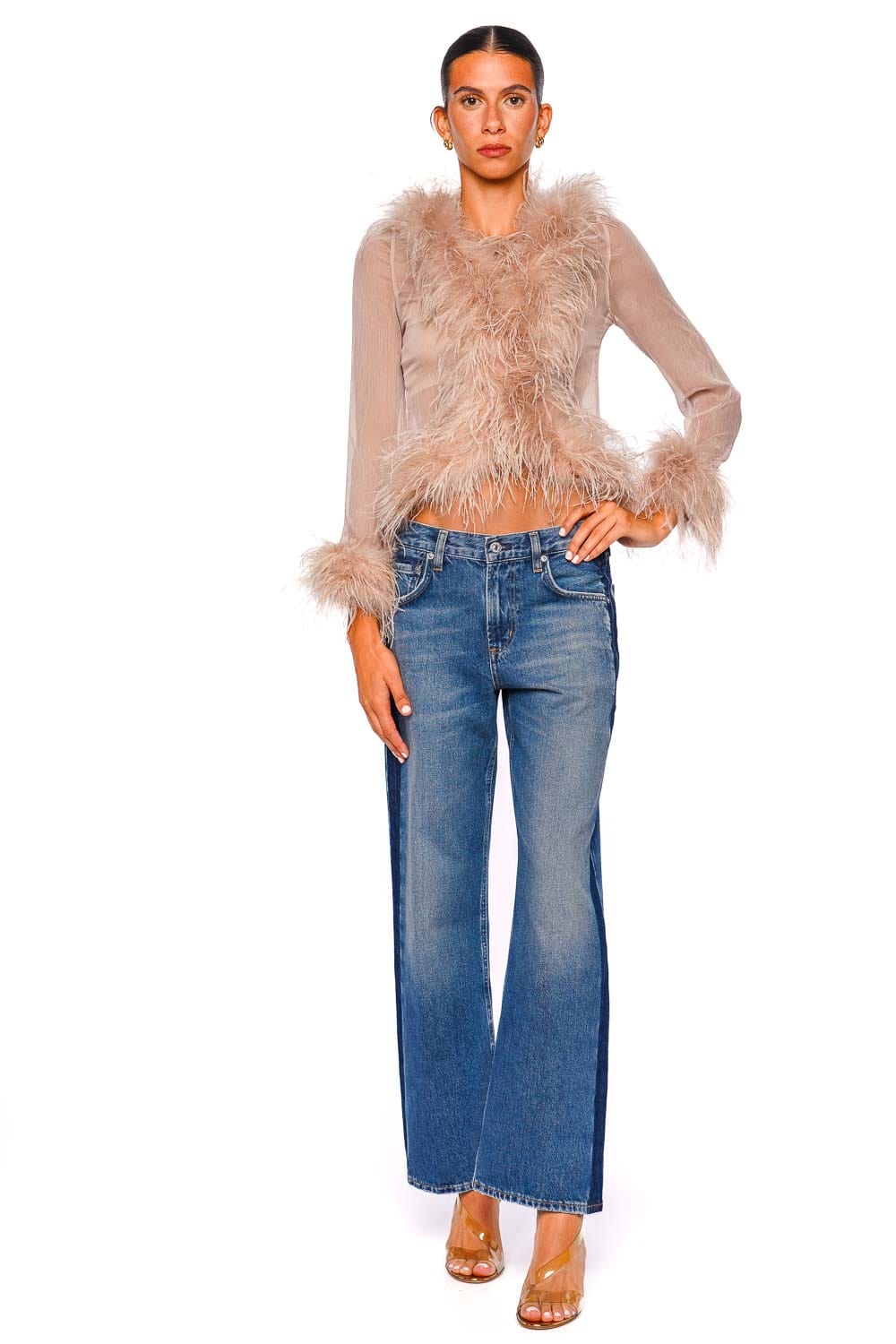 Bubish Gigi Sheer Caramel Feather Trim Blouse