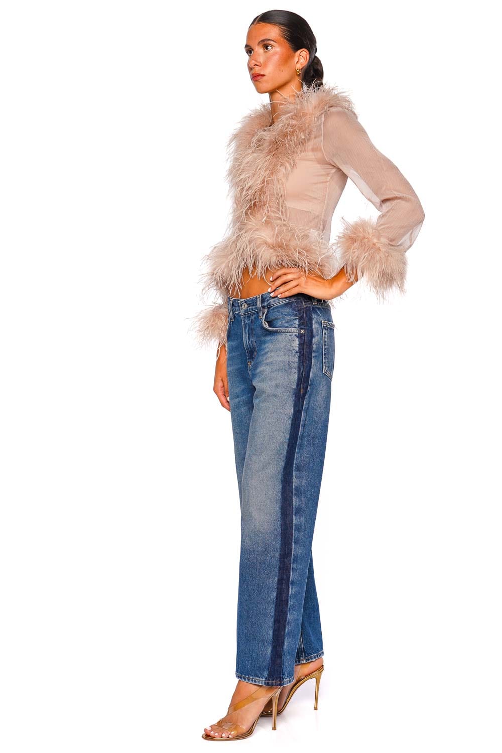 Bubish Gigi Sheer Caramel Feather Trim Blouse