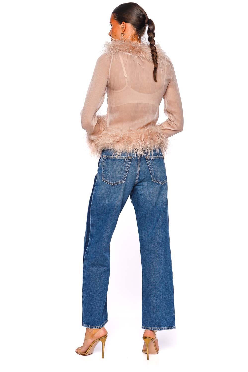 Bubish Gigi Sheer Caramel Feather Trim Blouse