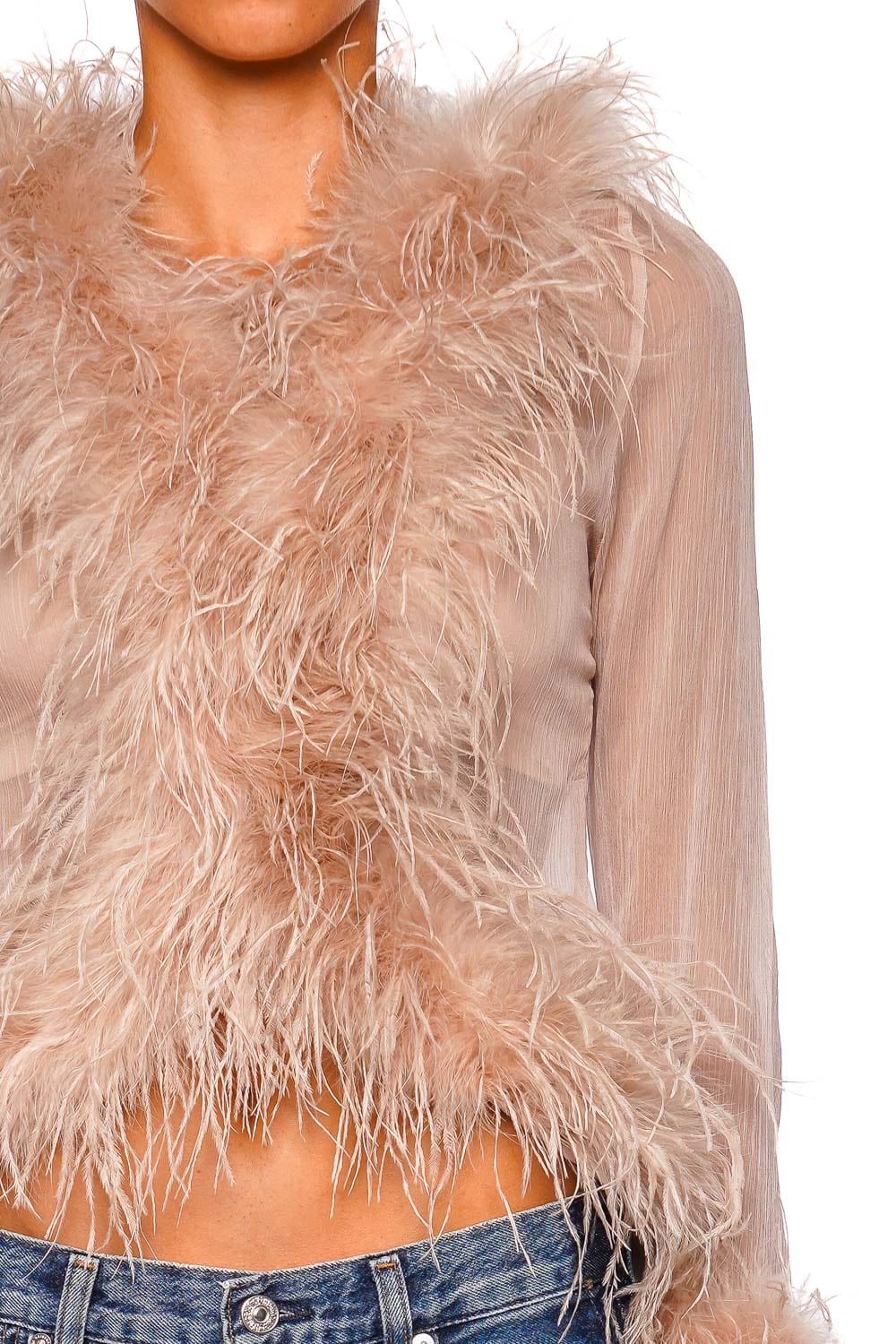 Bubish Gigi Sheer Caramel Feather Trim Blouse