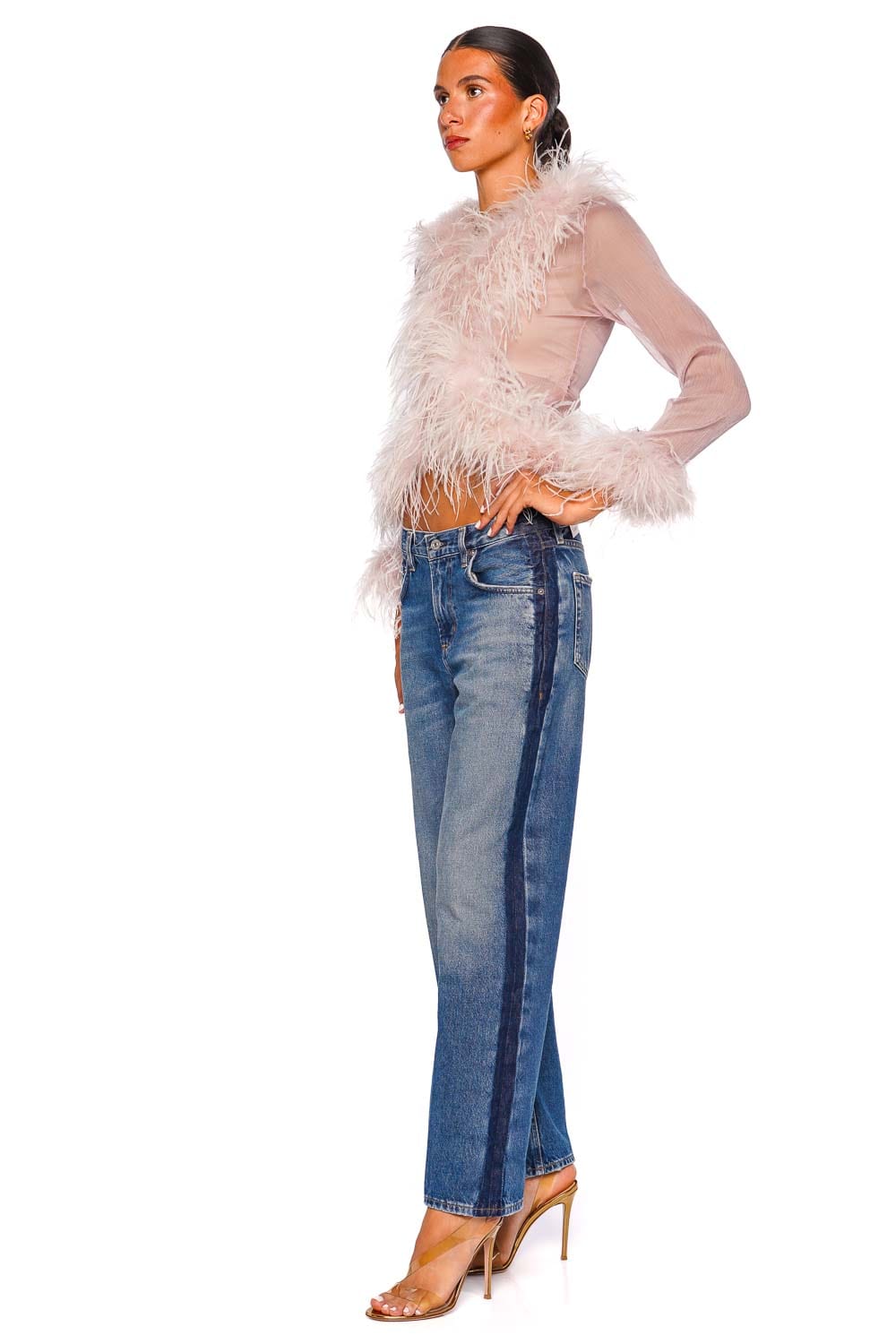 Bubish Gigi Sheer Lilac Feather Trim Blouse