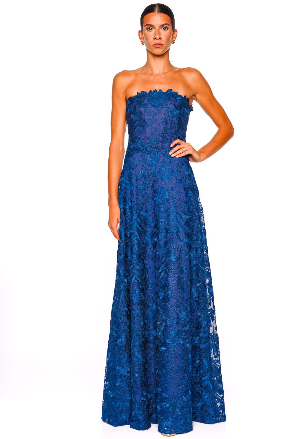 Naeem Khan Navy Floral Lace Strapless Full Skirt Gown