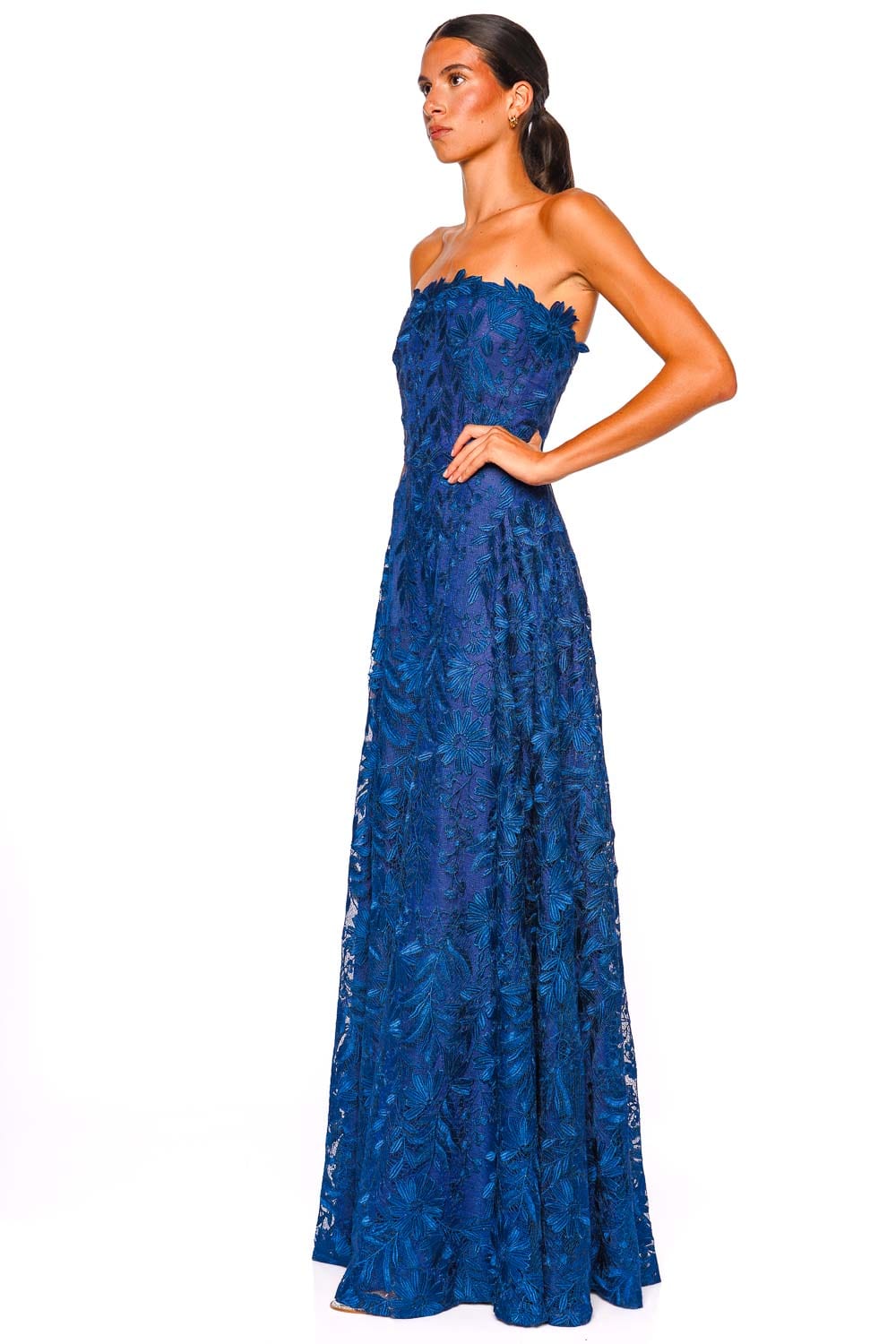 Naeem Khan Navy Floral Lace Strapless Full Skirt Gown