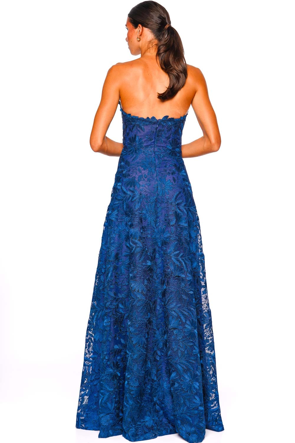 Naeem Khan Navy Floral Lace Strapless Full Skirt Gown
