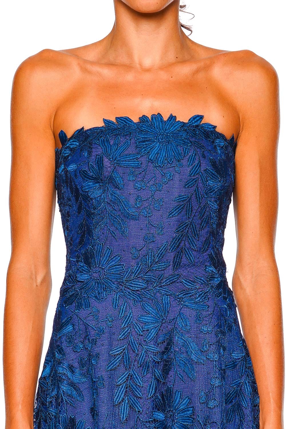 Naeem Khan Navy Floral Lace Strapless Full Skirt Gown