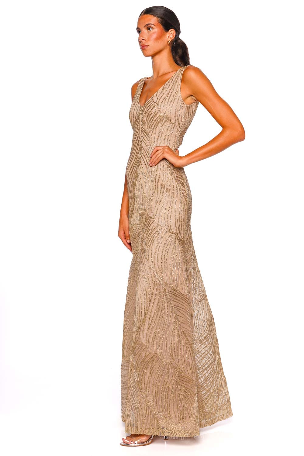 Naeem Khan Gold Metallic Raffia V-Neck Gown