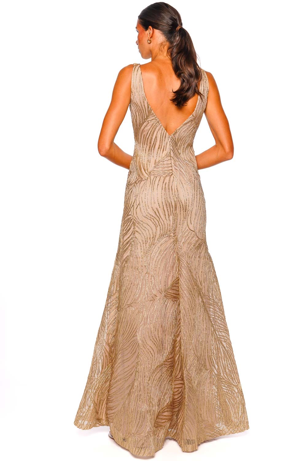 Naeem Khan Gold Metallic Raffia V-Neck Gown