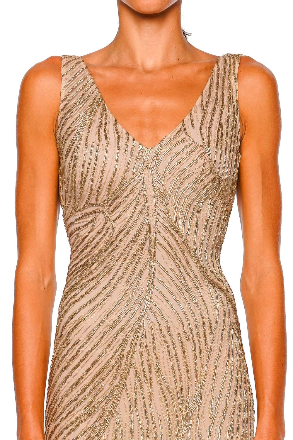 Naeem Khan Gold Metallic Raffia V-Neck Gown