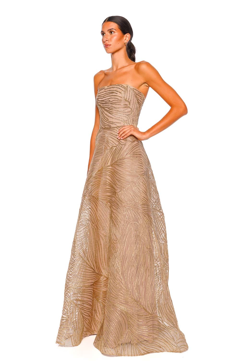 Naeem Khan Gold Metallic Raffia Strapless Gown