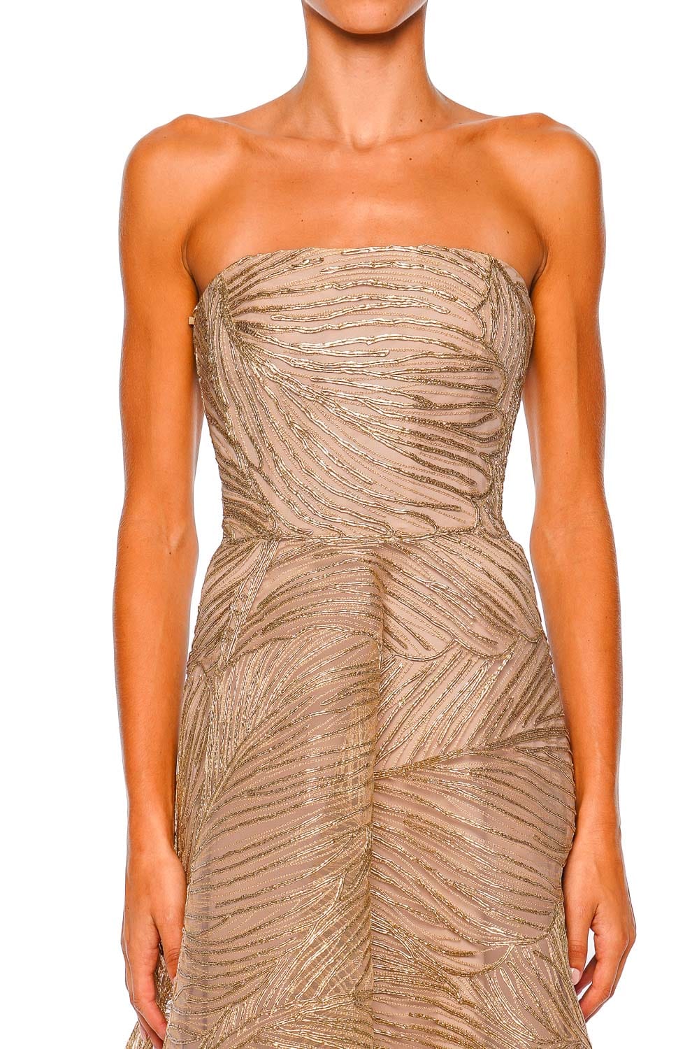 Naeem Khan Gold Metallic Raffia Strapless Gown