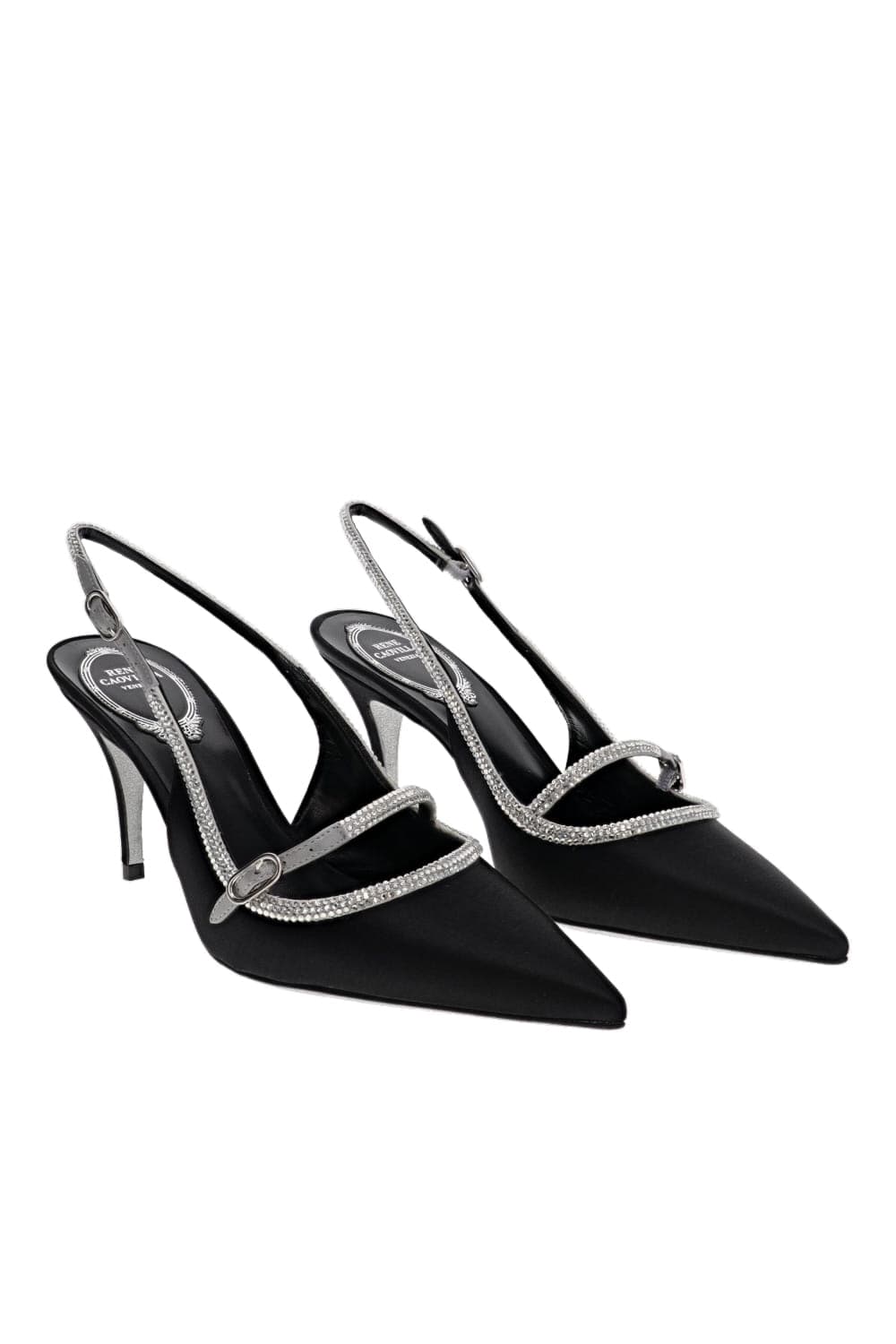 RENE CAOVILLA Lily Black Satin Crystal Trim Slingback