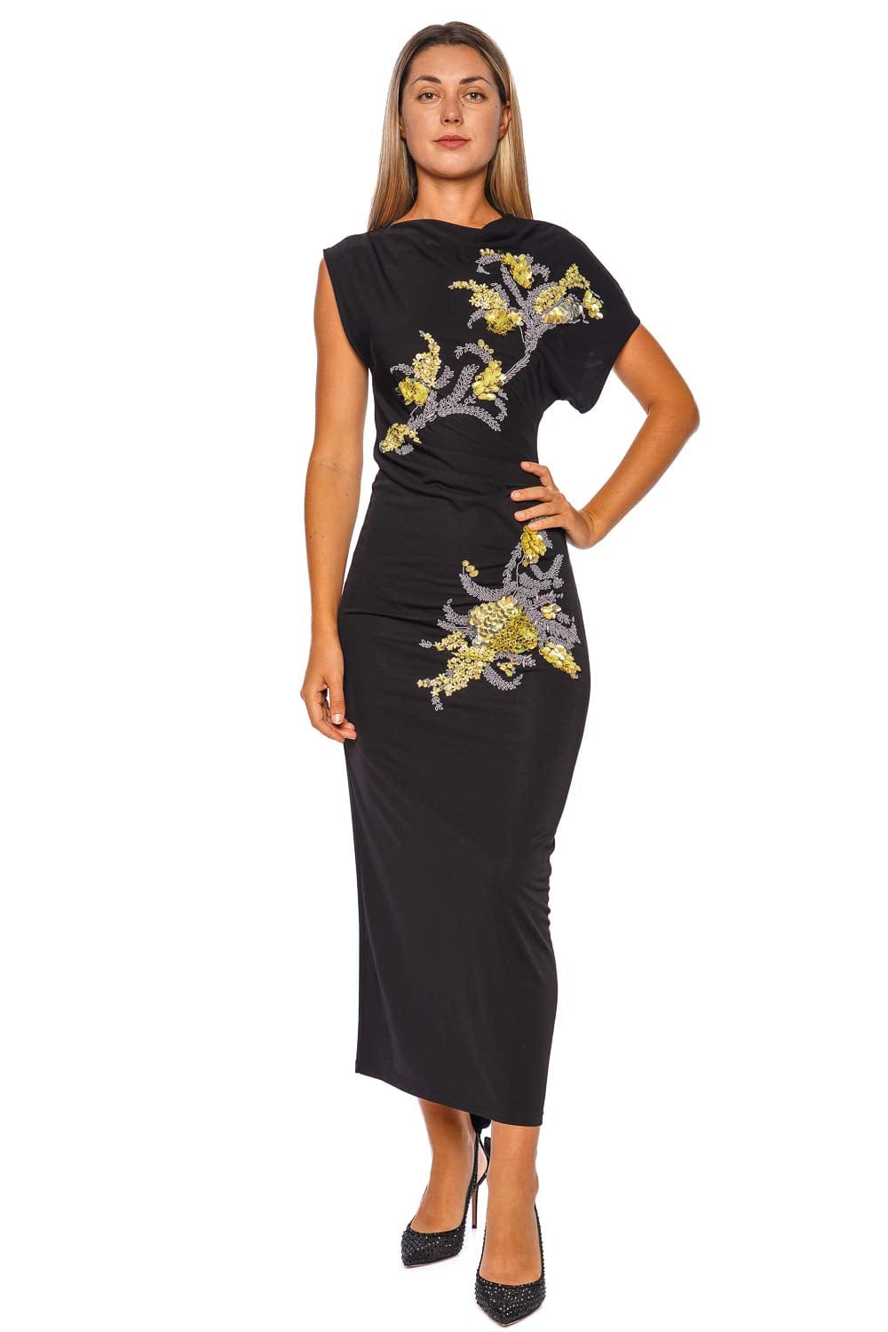 DES_PHEMMES Noir Off Shoulder Midi Dress with Floral Embroidery