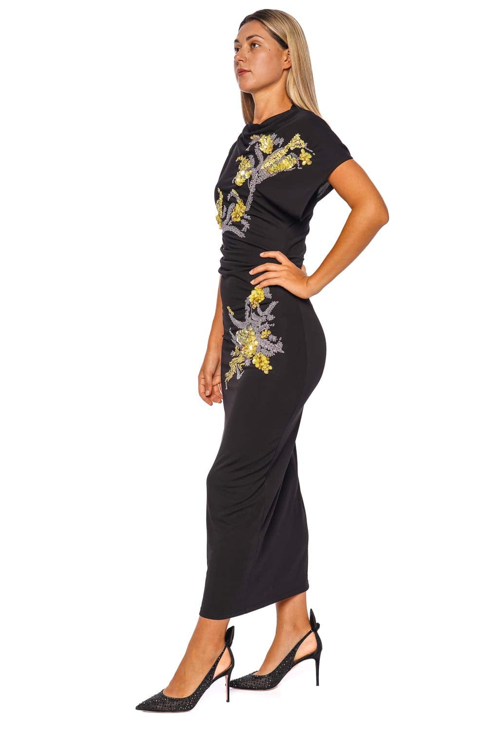DES_PHEMMES Noir Off Shoulder Midi Dress with Floral Embroidery