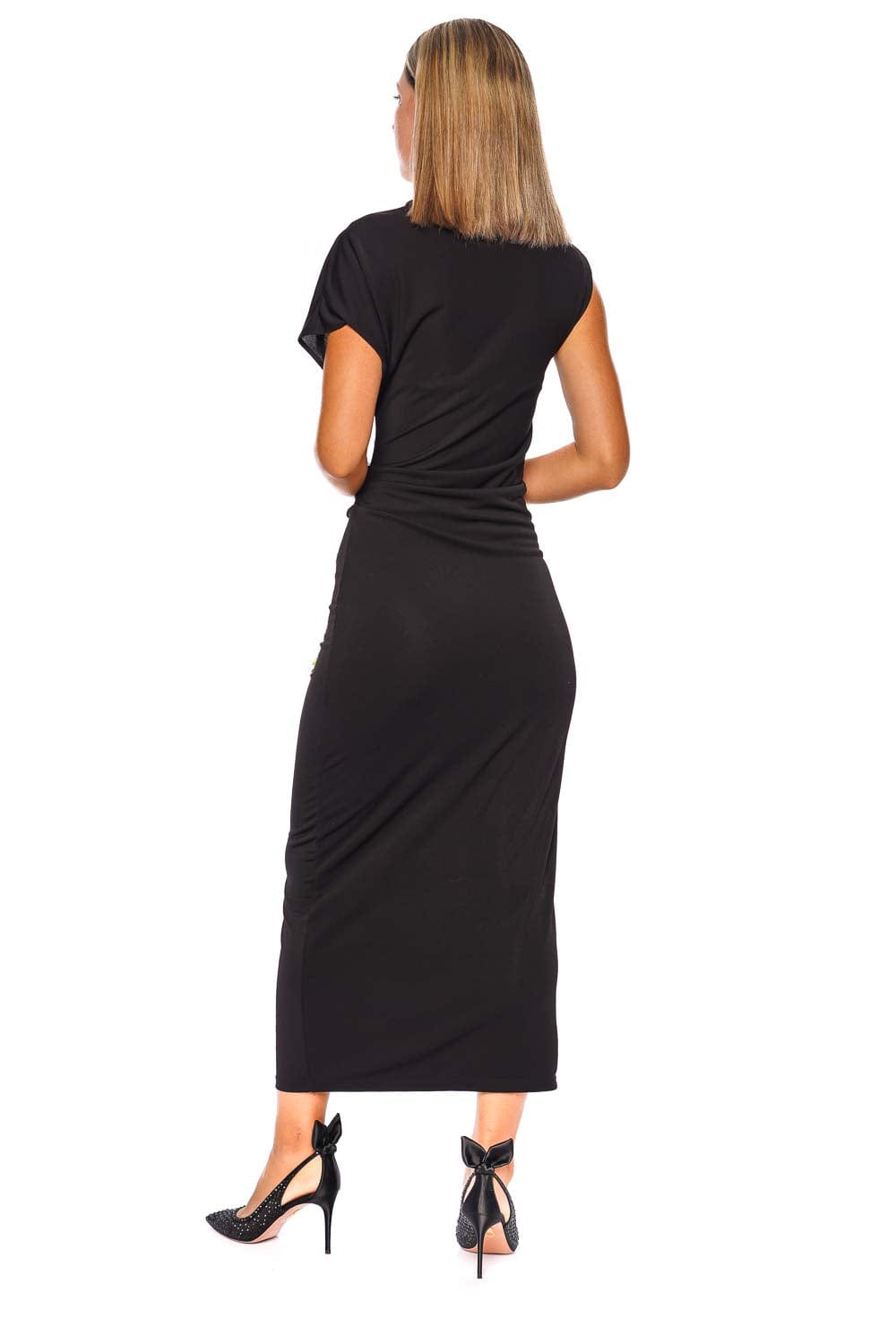 DES_PHEMMES Noir Off Shoulder Midi Dress with Floral Embroidery