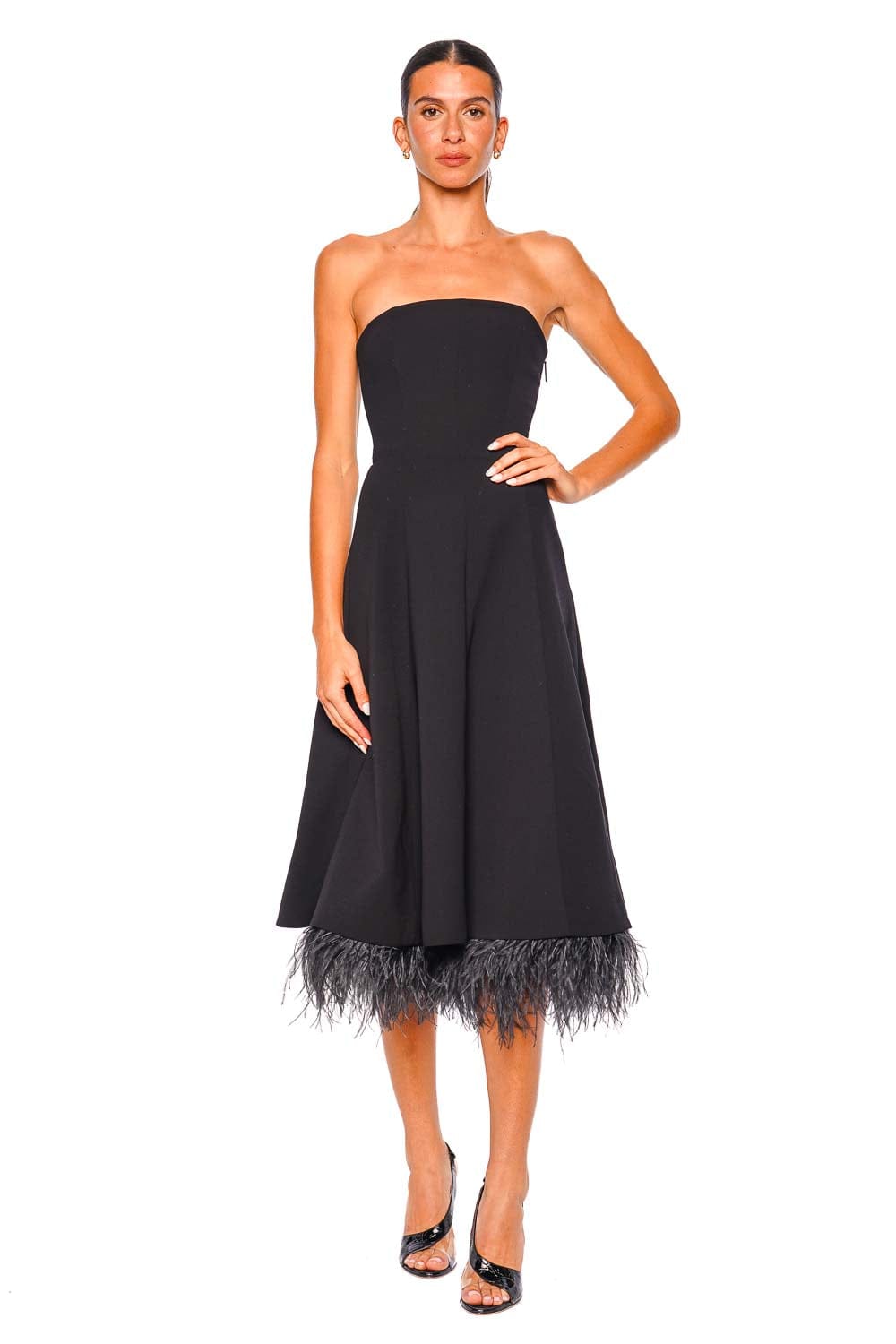 16arlington Gioele Black Strapless Feather Trim Midi Dress 16arlington Gioele Black Strapless Feather Trim Midi Dress