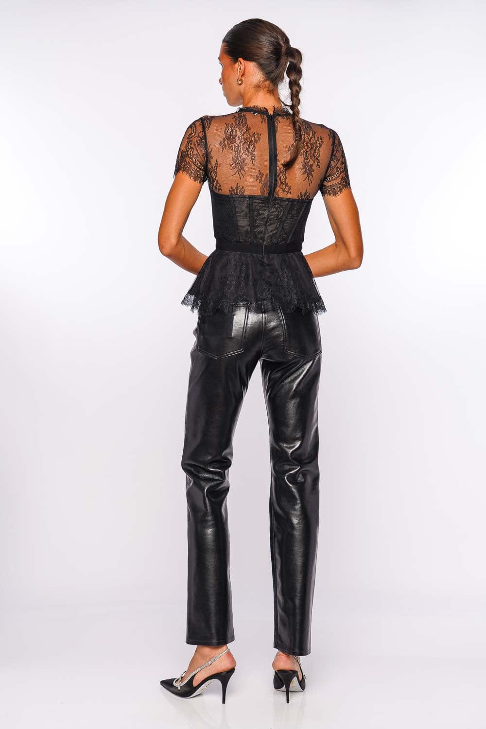 SIMKHAI Kehlani Black Lace Short Sleeve Bustier Top