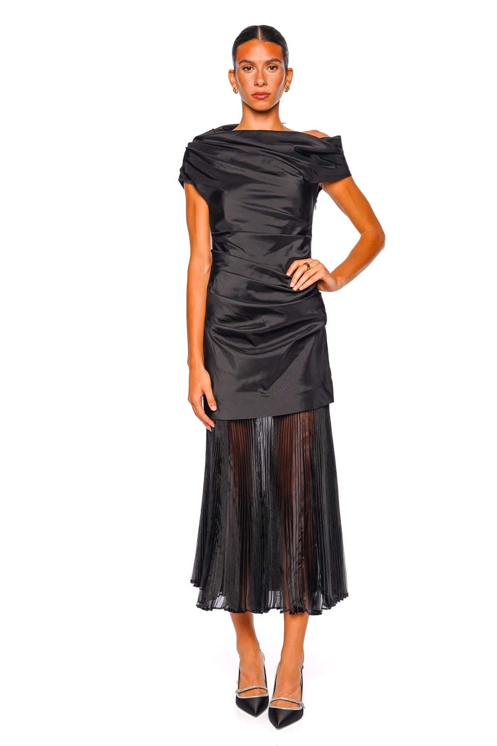 strapless open back dress Simkhai Ammalie Off Shoulder Pleated Combo Midi Dress