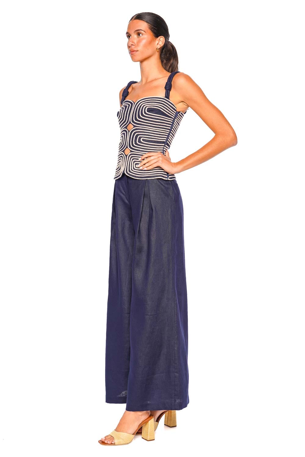 Andres Otalora Marea Navy Embellished Cut Out Top