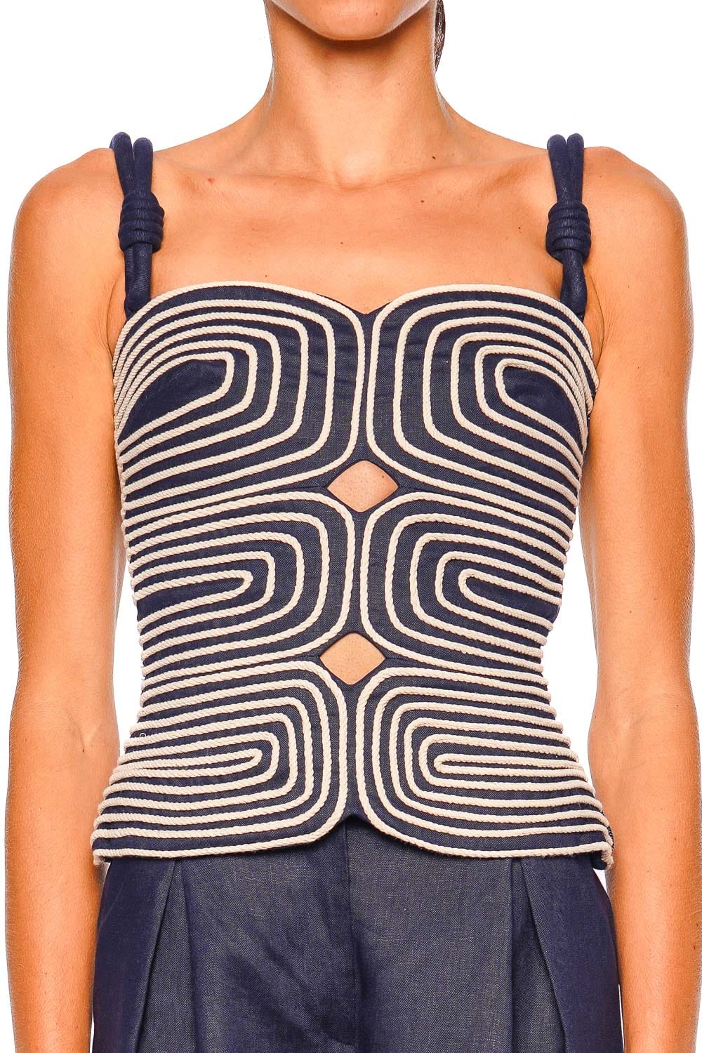 Andres Otalora Marea Navy Embellished Cut Out Top