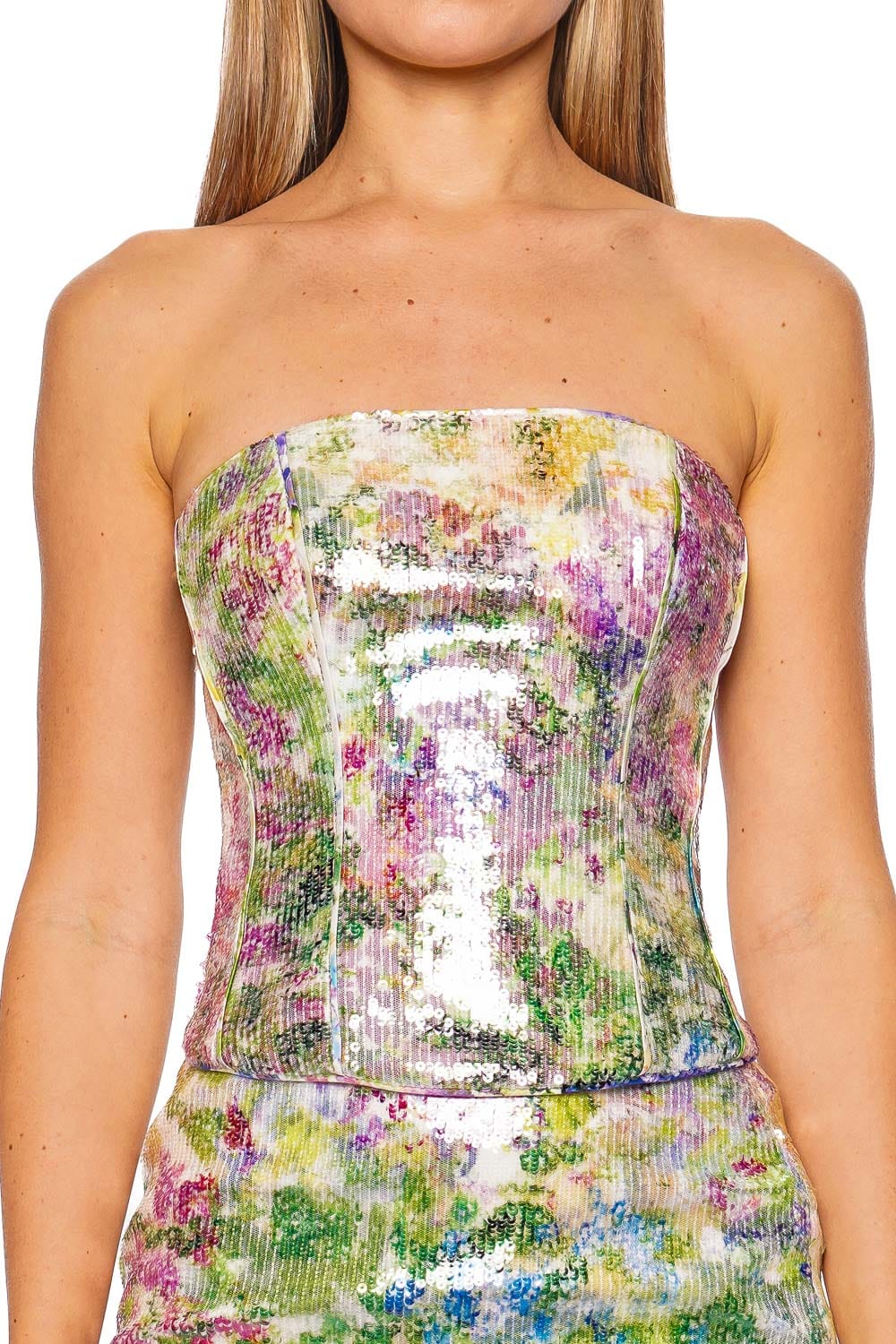 Aje. Dahlia Lavandula Strapless Sequin Top