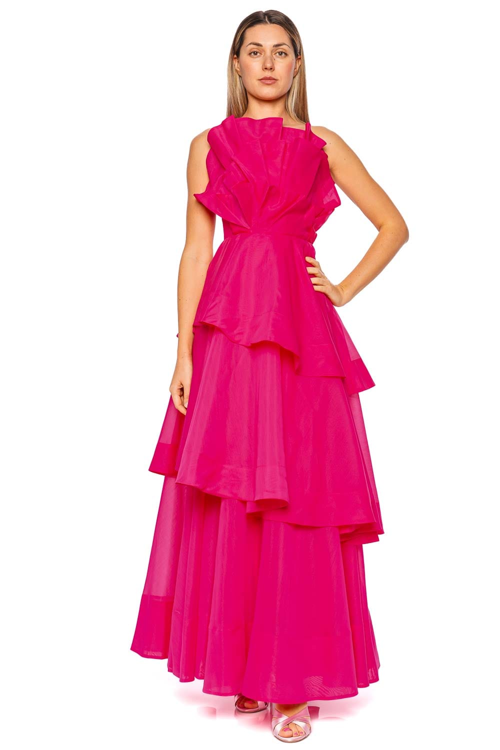 aje pink dress Aje. Selestia Magenta Strapless Ruffle Layered Gown