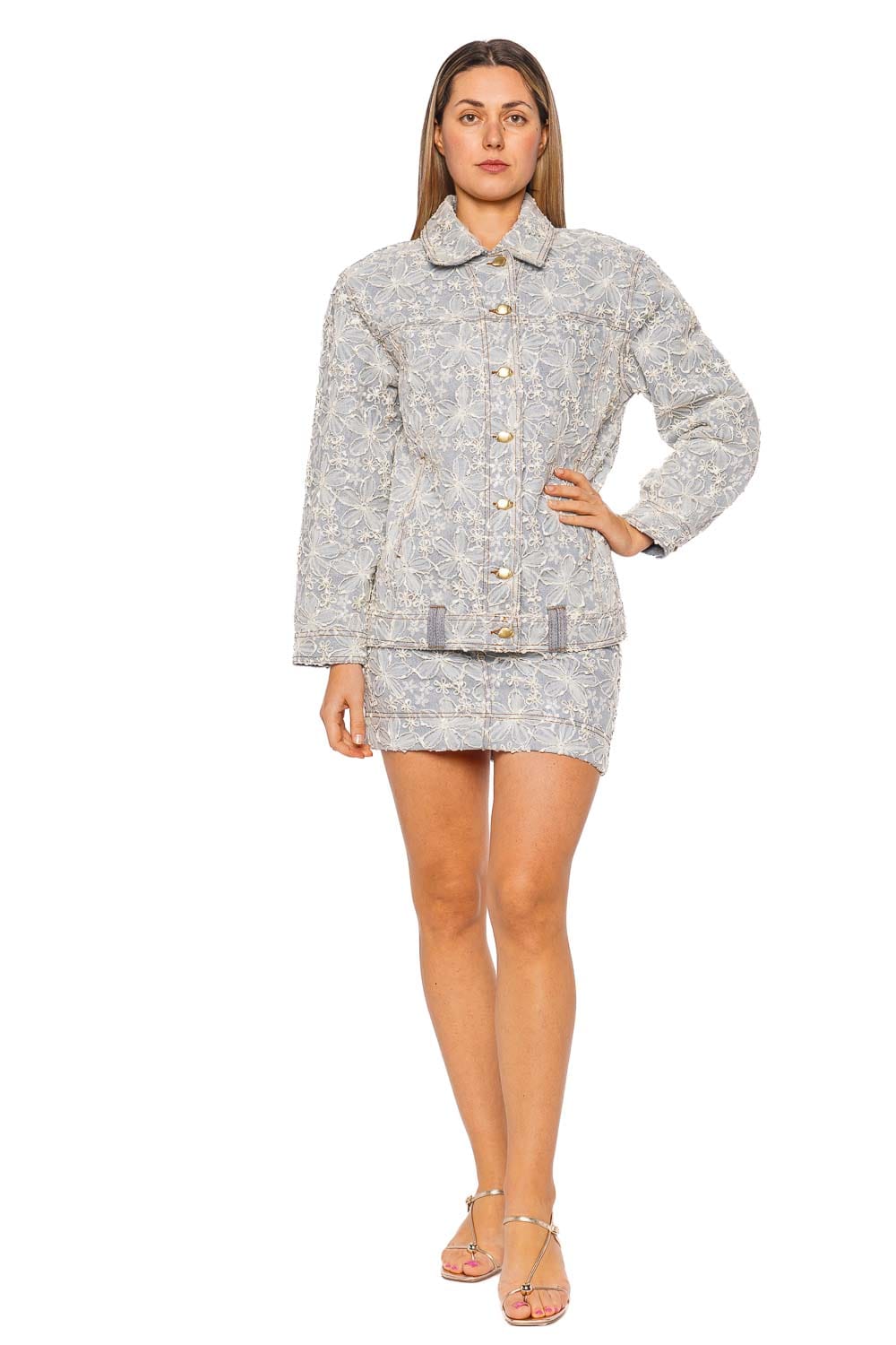 Aje. Bloom Lace Denim Jacket Long Sleeve Mum Wash